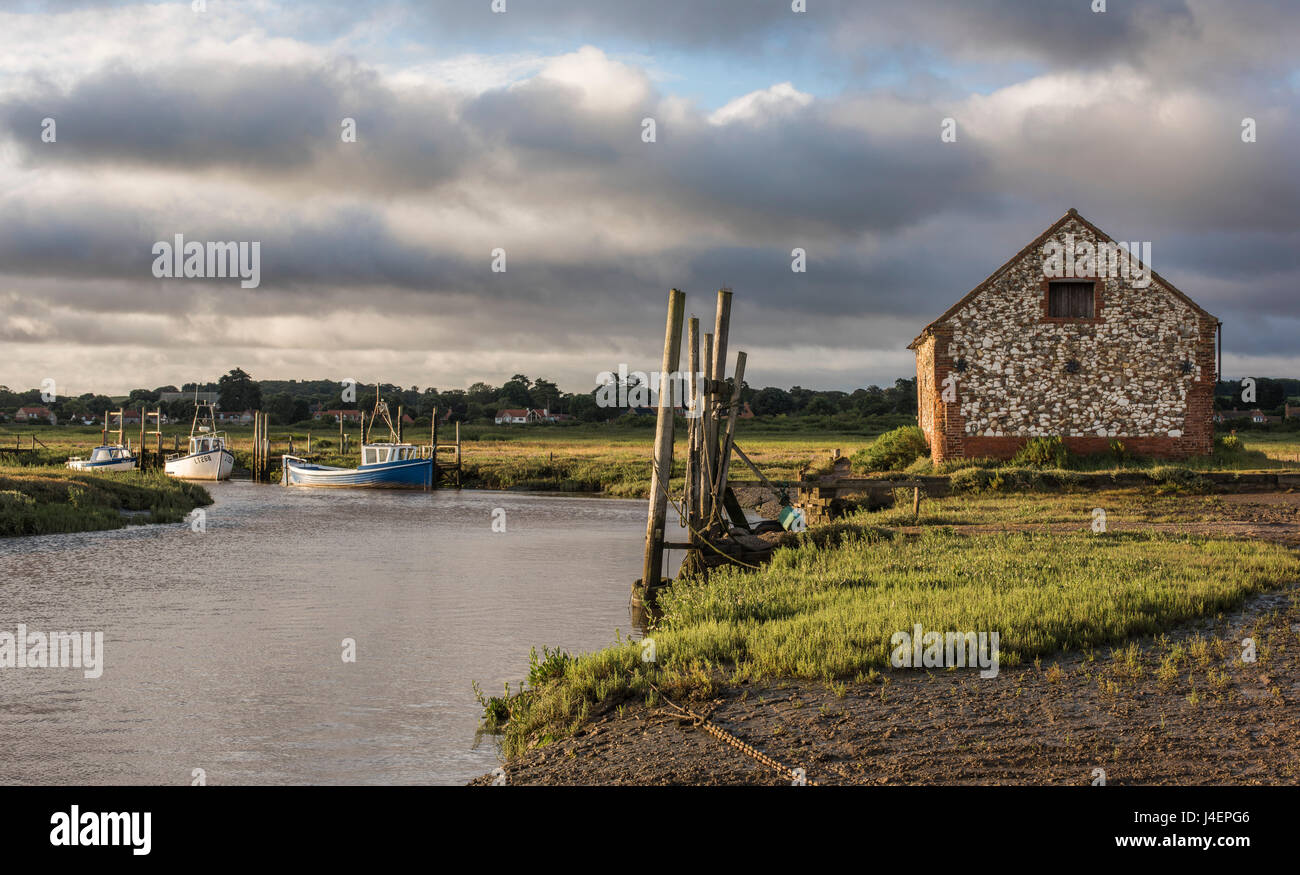 A view of boats moored in the creek at Thornham, Norfolk, England, United Kingdom, Europe Stock Photo