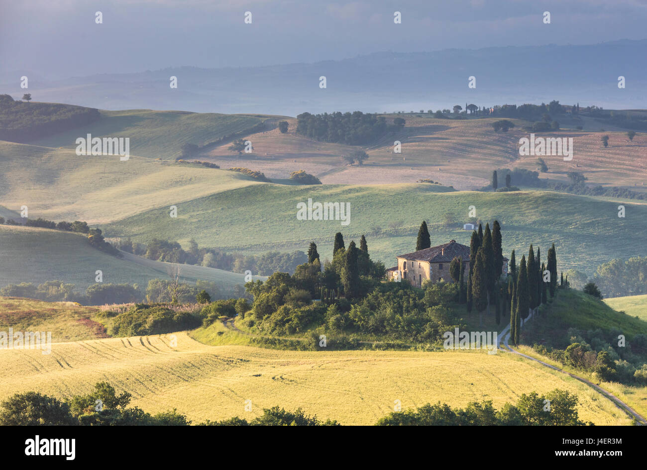 Sunrise on the gentle green hills and typical farm house of Val d'Orcia, UNESCO, Province of Siena, Tuscany, Italy Stock Photo