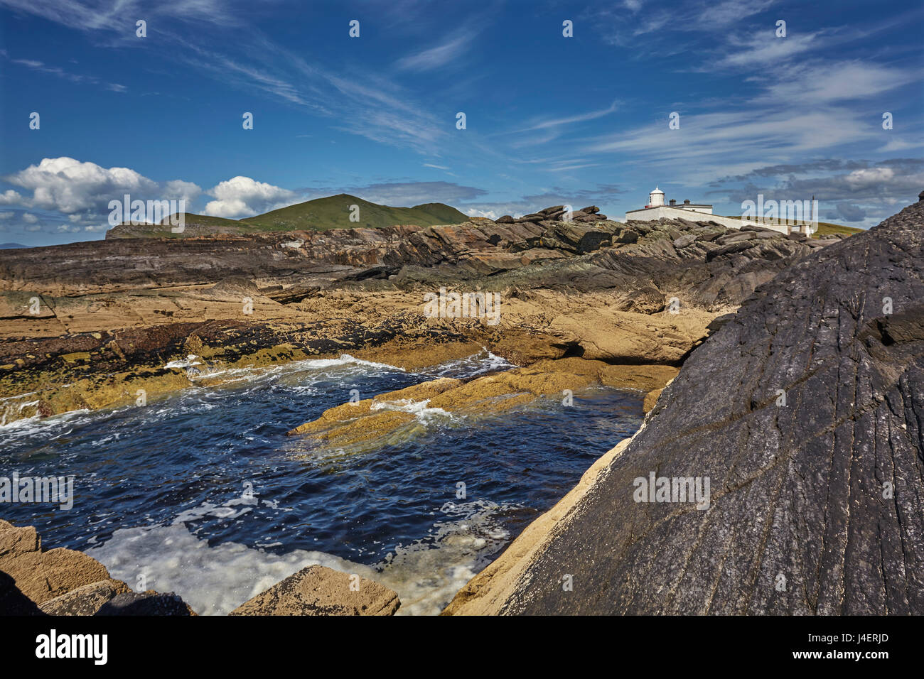 A view of Valentia Island lighthouse, Valentia Island, Skelligs Ring, Ring of Kerry, County Kerry, Munster, Republic of Ireland Stock Photo