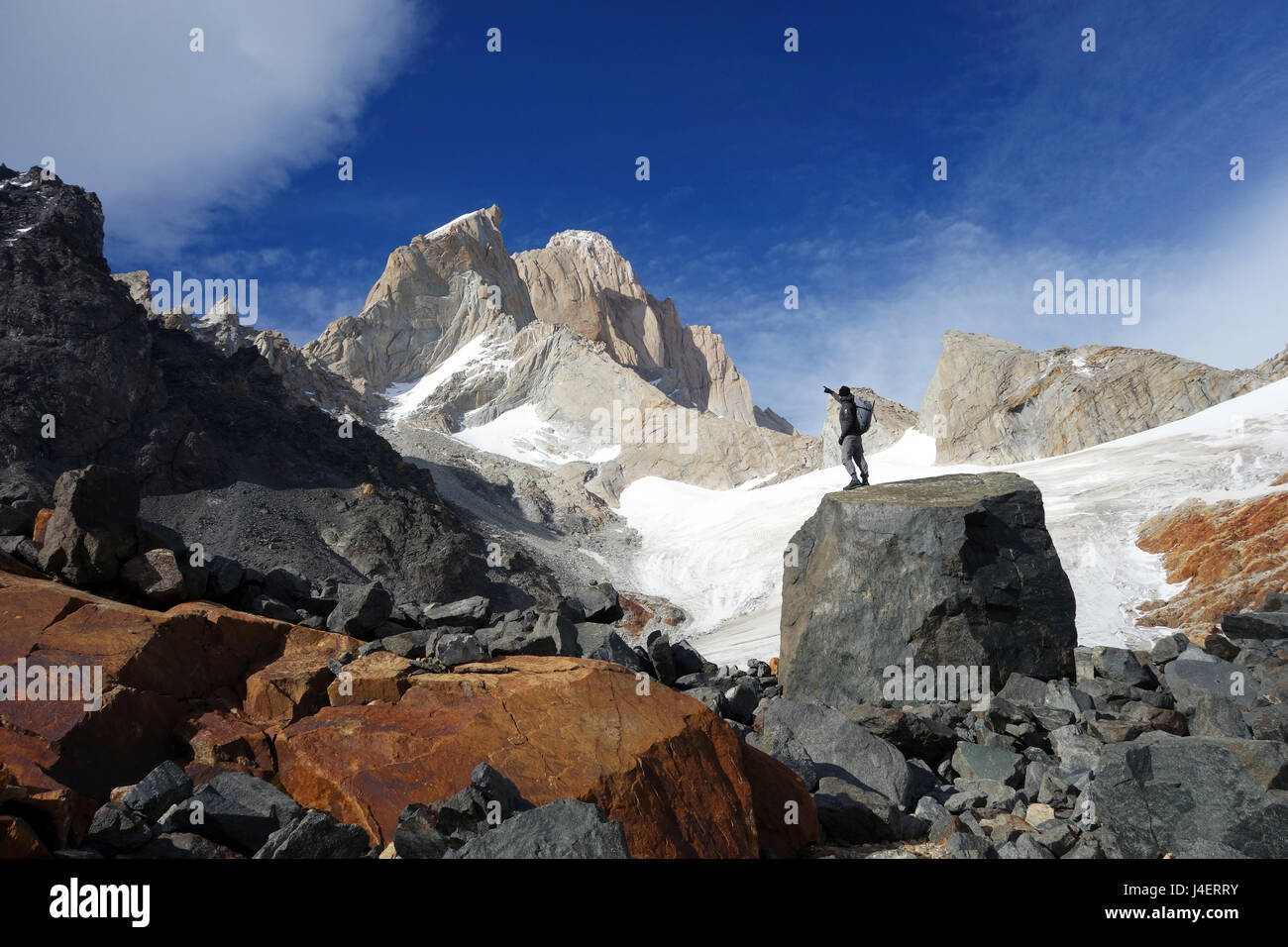 Looking up towards Monte Fitz Roy, El Chalten Massif, Argentine Patagonia, Argentina, South America Stock Photo