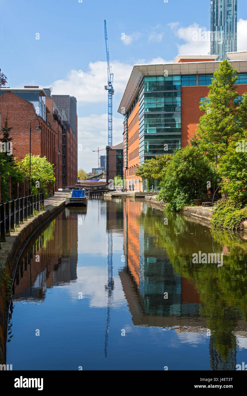 Tower crane on the Axis Tower construction site, and offices, reflected in the Rochdale Canal, Manchester, England, UK Stock Photo