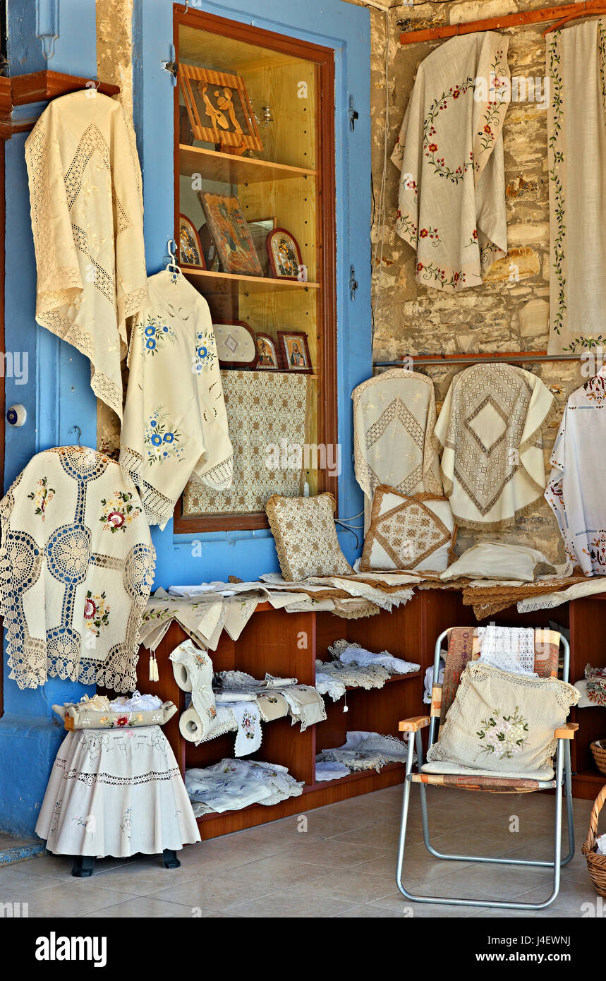 Traditional embroidery at Kato Lefkara, one of the traditional 'Lace and embroidery villages', Larnaca district, Cyprus island. Stock Photo
