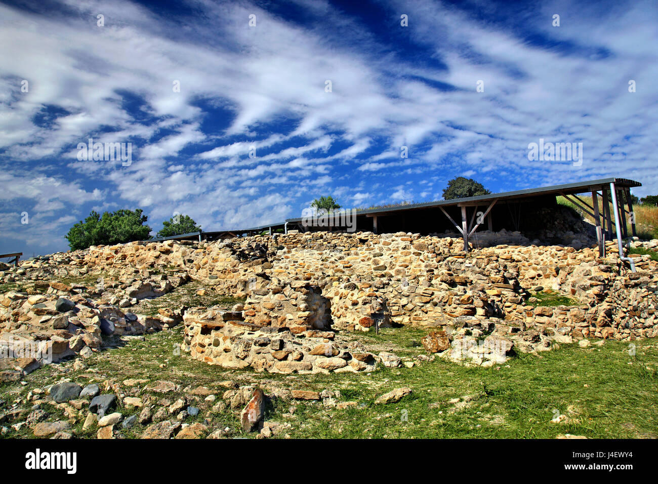 Ruins in the archaeological site of Choirokoitia (or "Khirokitia" -UNESCO World Heritage Site), a neolithic settlement, Larnaca district, Cyprus. Stock Photo