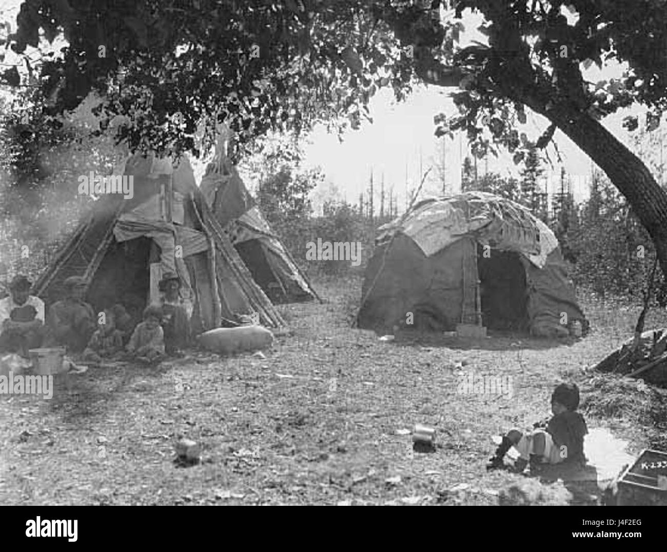 Ojibwe wiigiwaam and Dakota style tipis White Earth 1928 Stock Photo