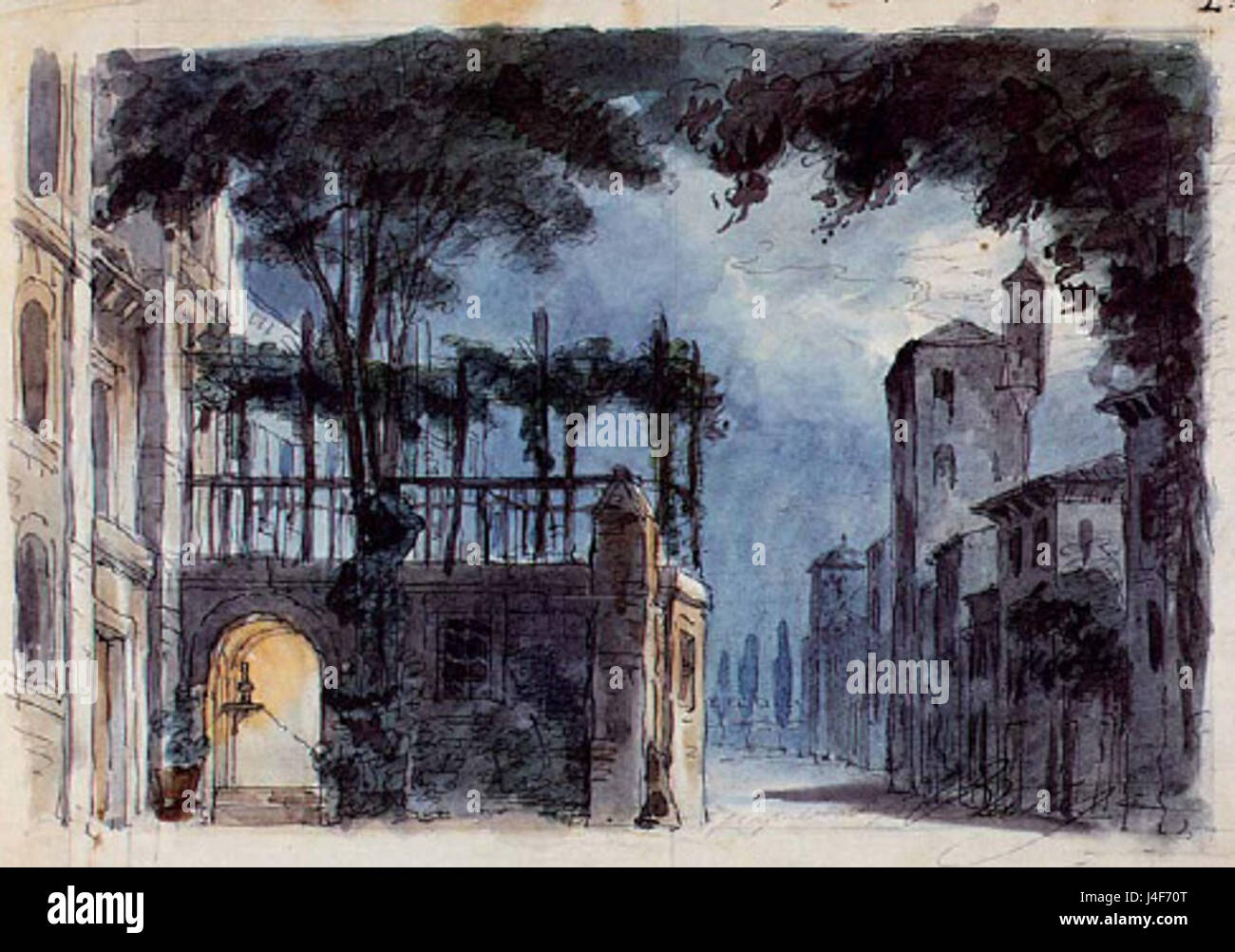 The stage set for Act 1, Scene 2 of Verdi's opera *Rigoletto* during its premiere showcases elaborate set designs, reflecting the Italian Renaissance period. The scene captures the intricate details of the Duke's palace and its opulent surroundings, enhancing the dramatic narrative of the opera. Stock Photo