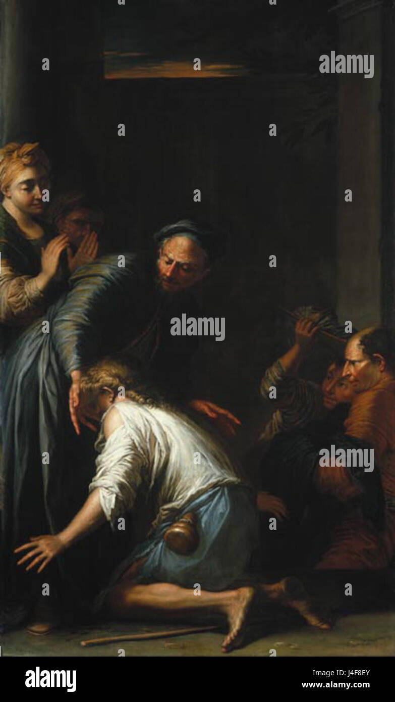 A painting by Salvator Rosa titled 'The Return of the Prodigal Son,' likely depicting a biblical scene of repentance and redemption, drawn from the parable in the New Testament. Stock Photo