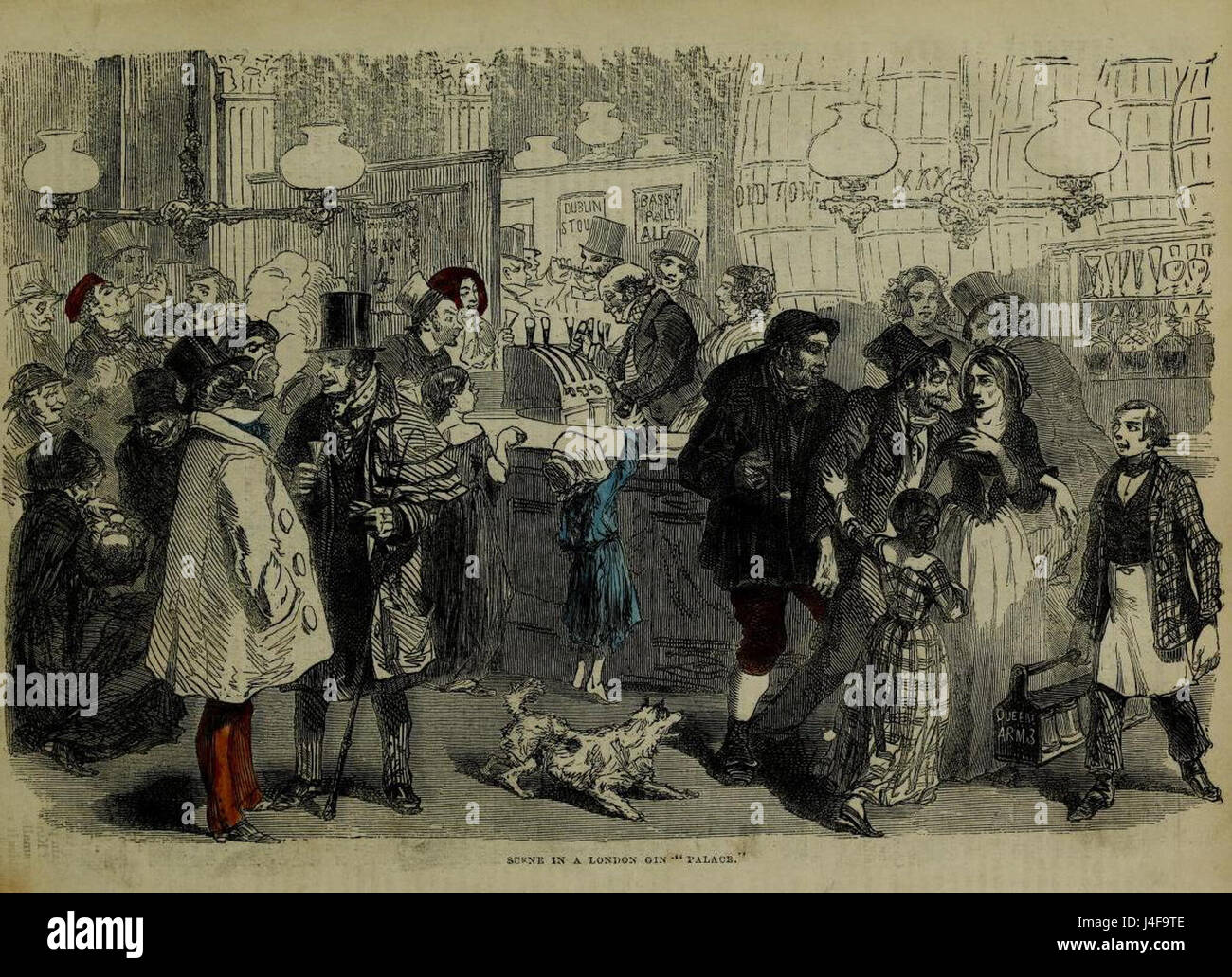 A depiction of a 19th-century scene inside a London gin palace, showcasing the social atmosphere of the time, with people enjoying drinks in a lively, bustling setting. Gin palaces were popular establishments in London during the 1800s. Stock Photo