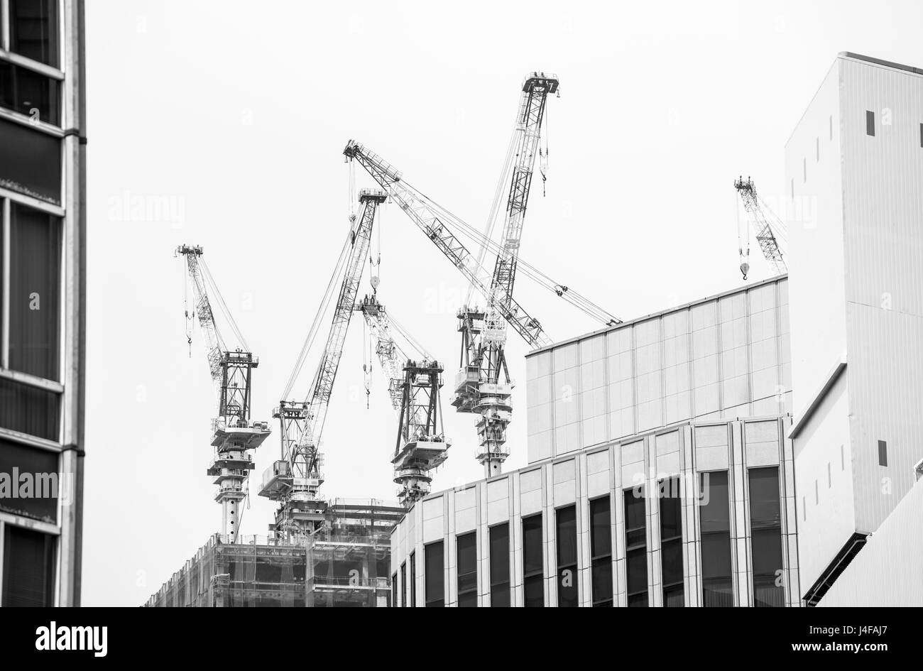 Construction cranes building a new skyscraper in downtown Tokyo. Stock Photo