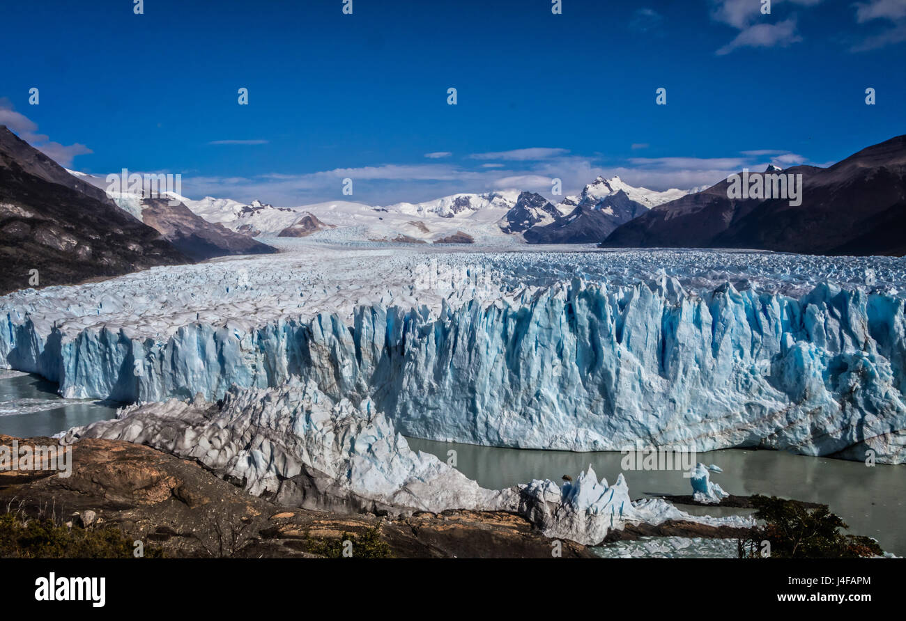 view of Perito Moreno Glacier with remnants of the bridge on foreground, Perito Moreno National Park, Argentina Stock Photo