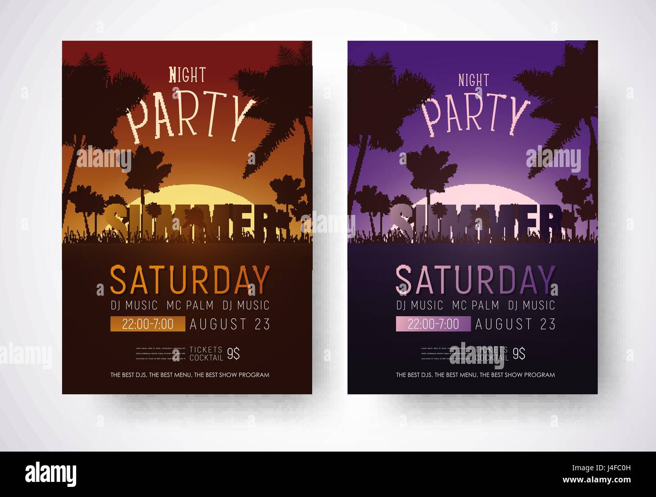 Design of posters for a night summer party. A flyer template with an orange and purple sunset on the beach with palm trees. Vector illustration. Set Stock Vector