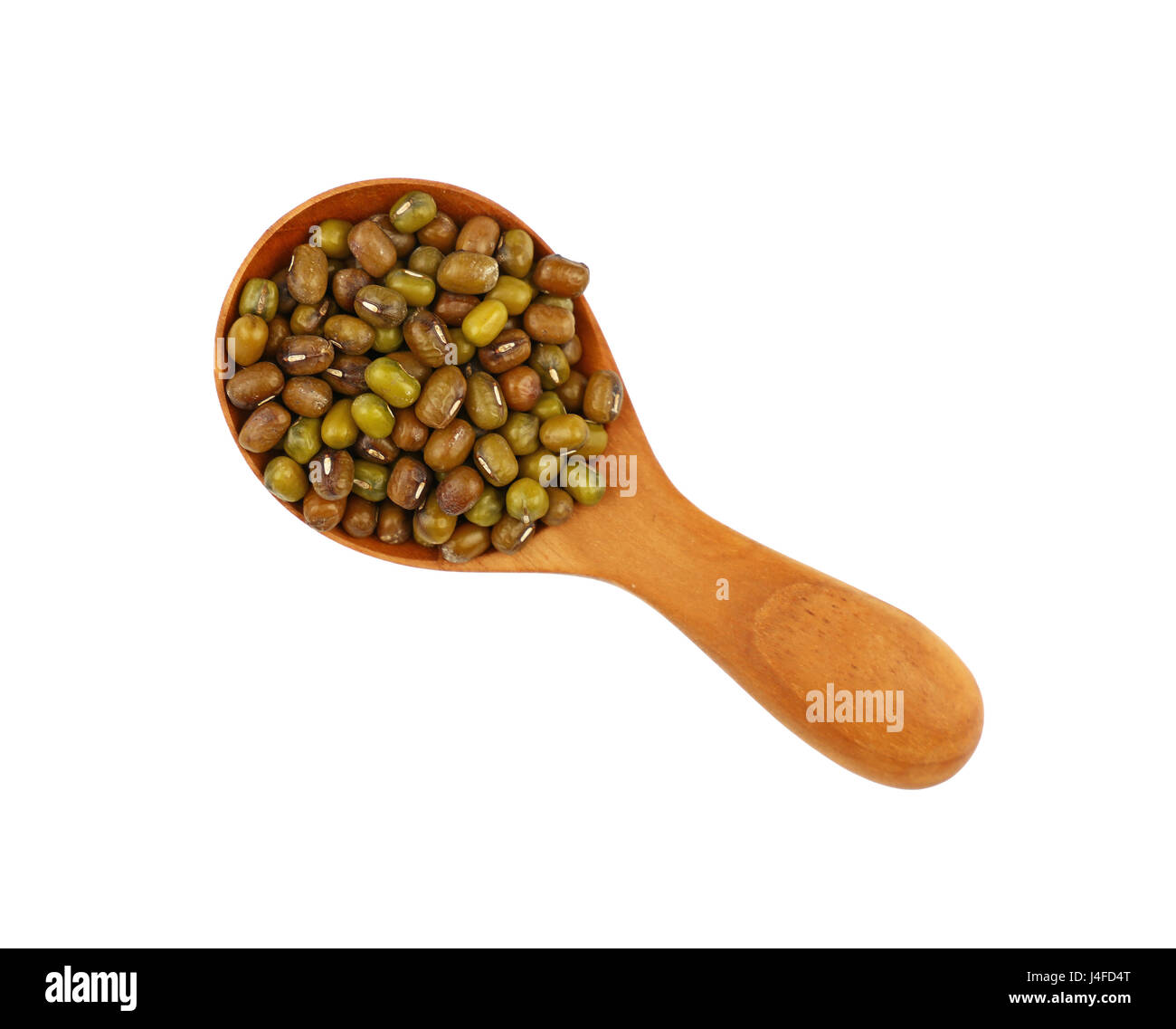 Green and brown dried Asian traditional mung (moong) gram beans in wooden scoop isolated on white background, close up, elevated top view Stock Photo