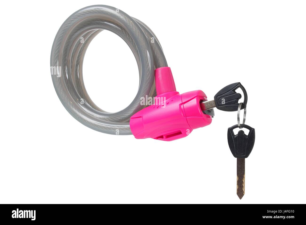 Macro of bike lock with keys isolated on white background Stock Photo