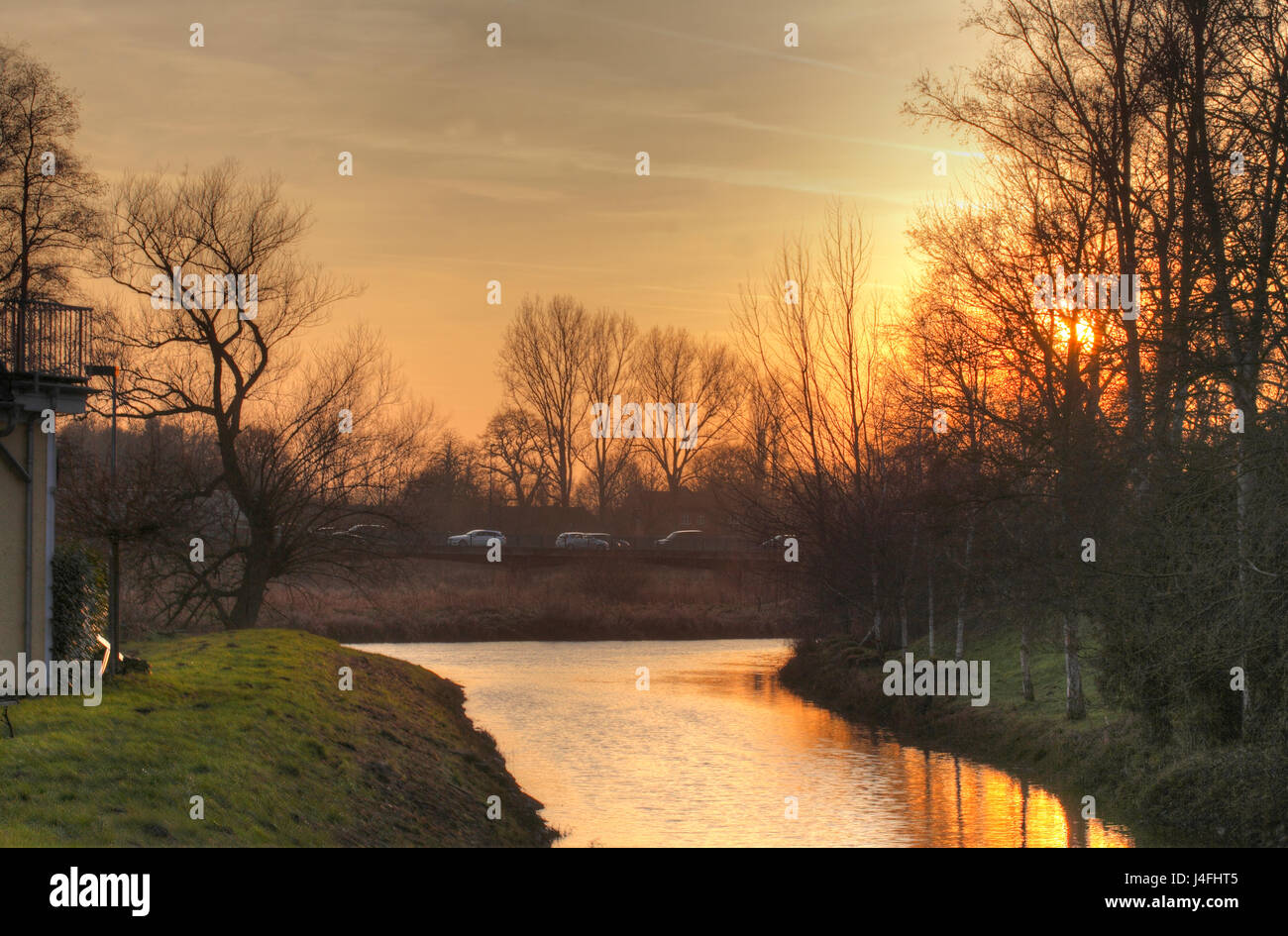 Fluss Wuemme im Winter  bei Abendsonne, Bremen, Deutschland, Europa  I River Wuemme  in Bremen -Borgfeld  in Winter at Evening, Bremen, Germany, Europ Stock Photo