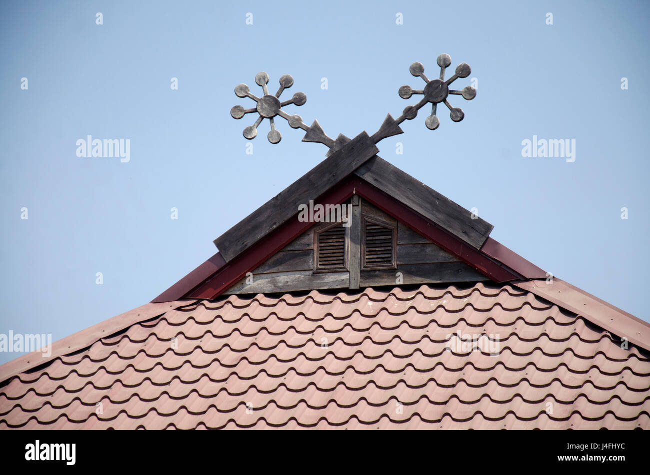 Roof of Tai Dam ethnic museum house for thai people and foreigner traveler visit and learning culture tai dam ethnic people at Chiang Khan in Loei, Th Stock Photo