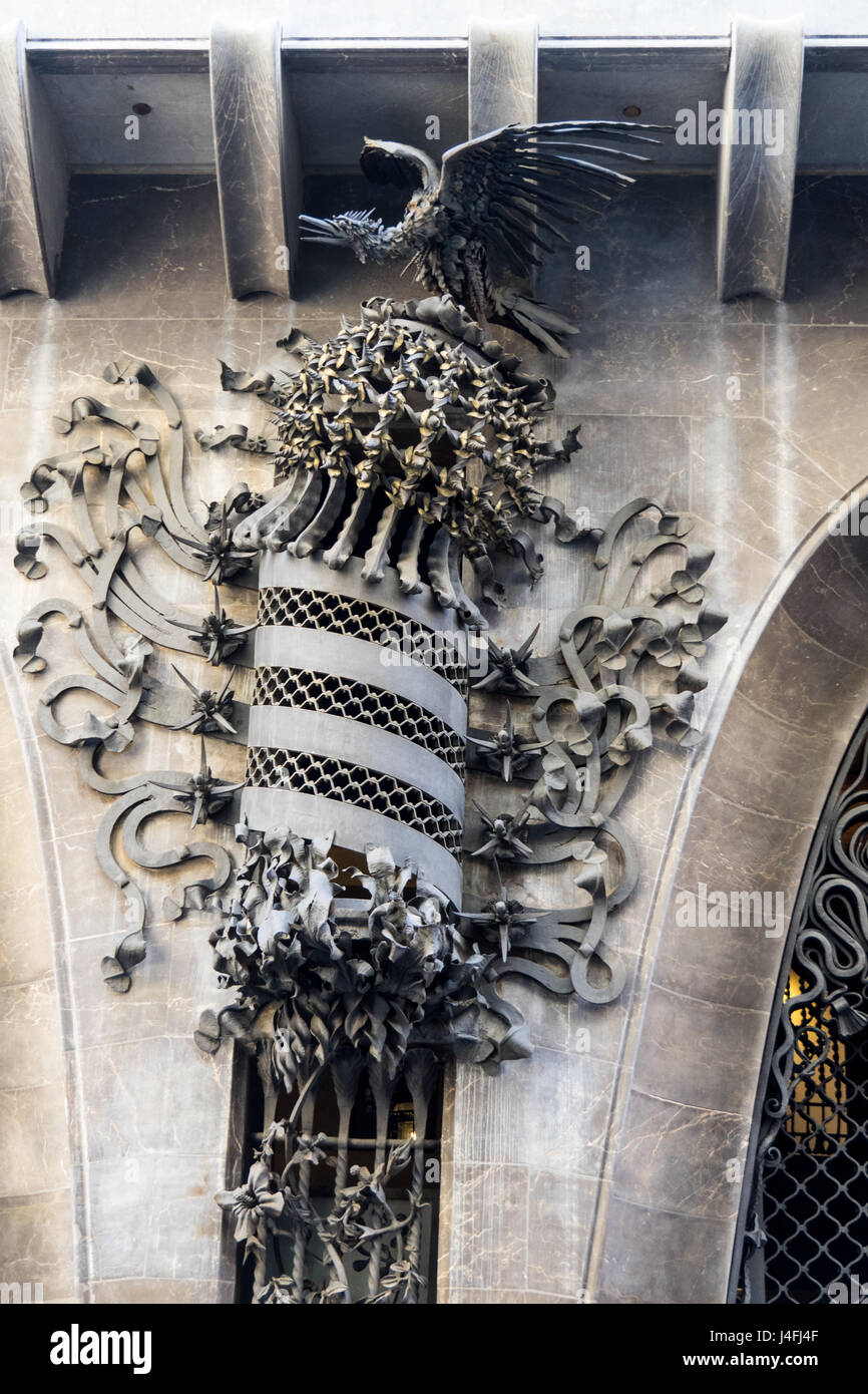 The Palau Güell, a mansion designed by the architect Antoni Gaudí for the industrial tycoon Eusebi Güell, in El Raval, Barcelona, Spain. Stock Photo