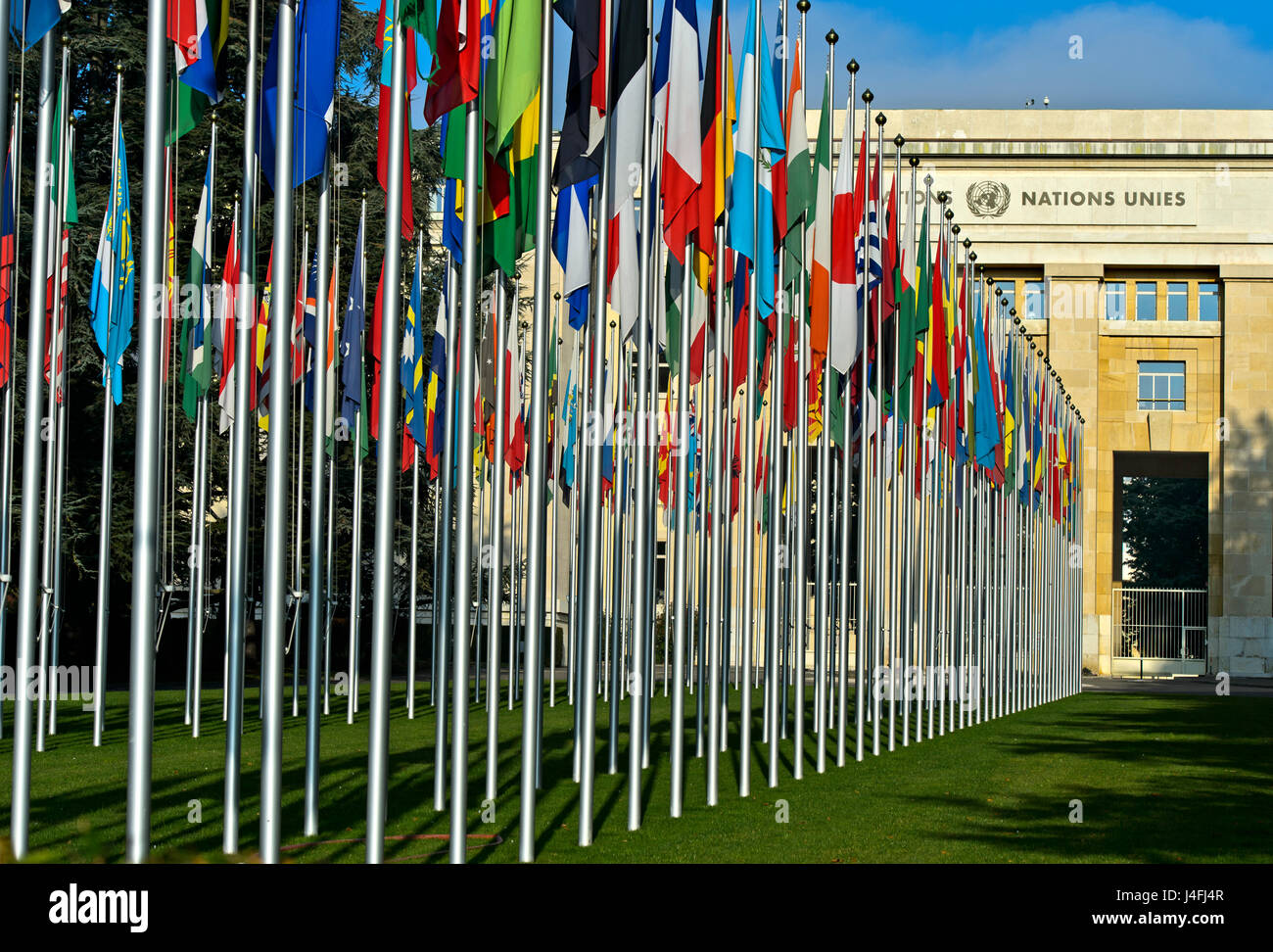 Court of flags at the United Nations Office at Geneva, UNO, Palais des Nations, Geneva, Switzerland Stock Photo