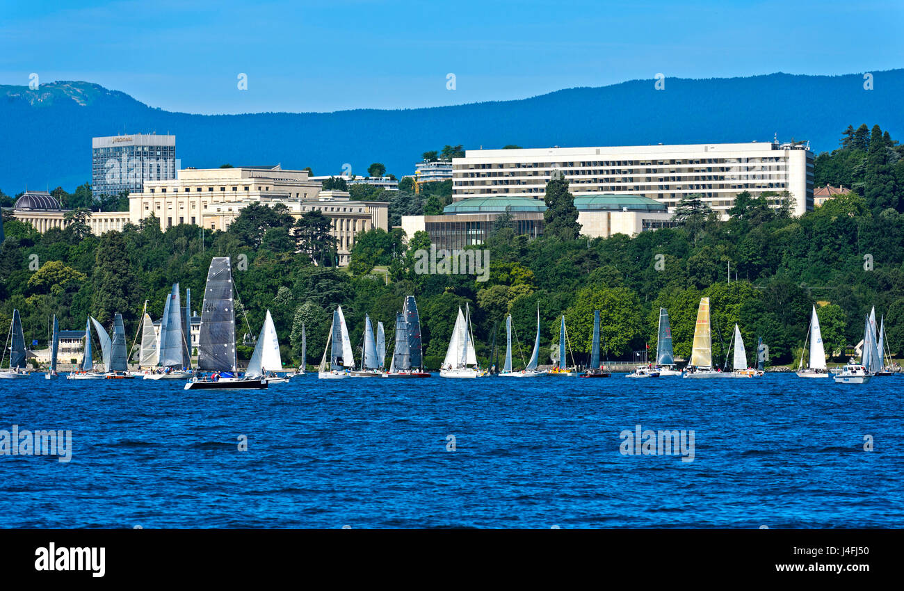 View from Lake Geneva towards the Ariana Park with the UN headquarters Palais des Nations, Geneva, Switzerland Stock Photo