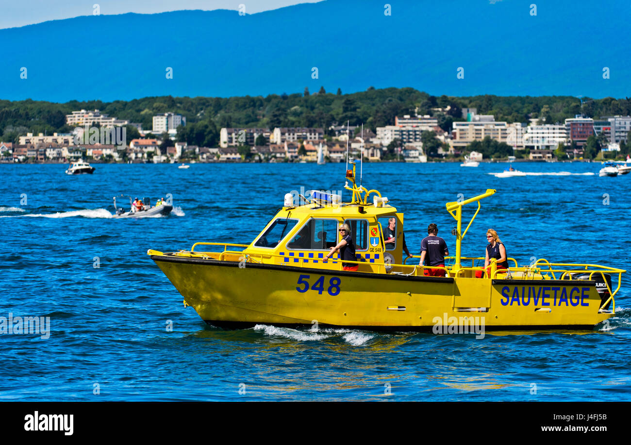 Speedboat of the Swiss coastguard association Belotte-Bellerive on Lake Geneva, Geneva, Switzerland Stock Photo