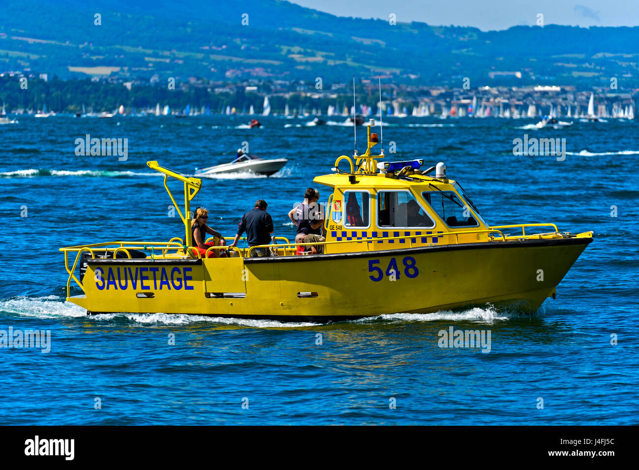 Speedboat of the Swiss coastguard association Belotte-Bellerive on Lake Geneva, Geneva, Switzerland Stock Photo