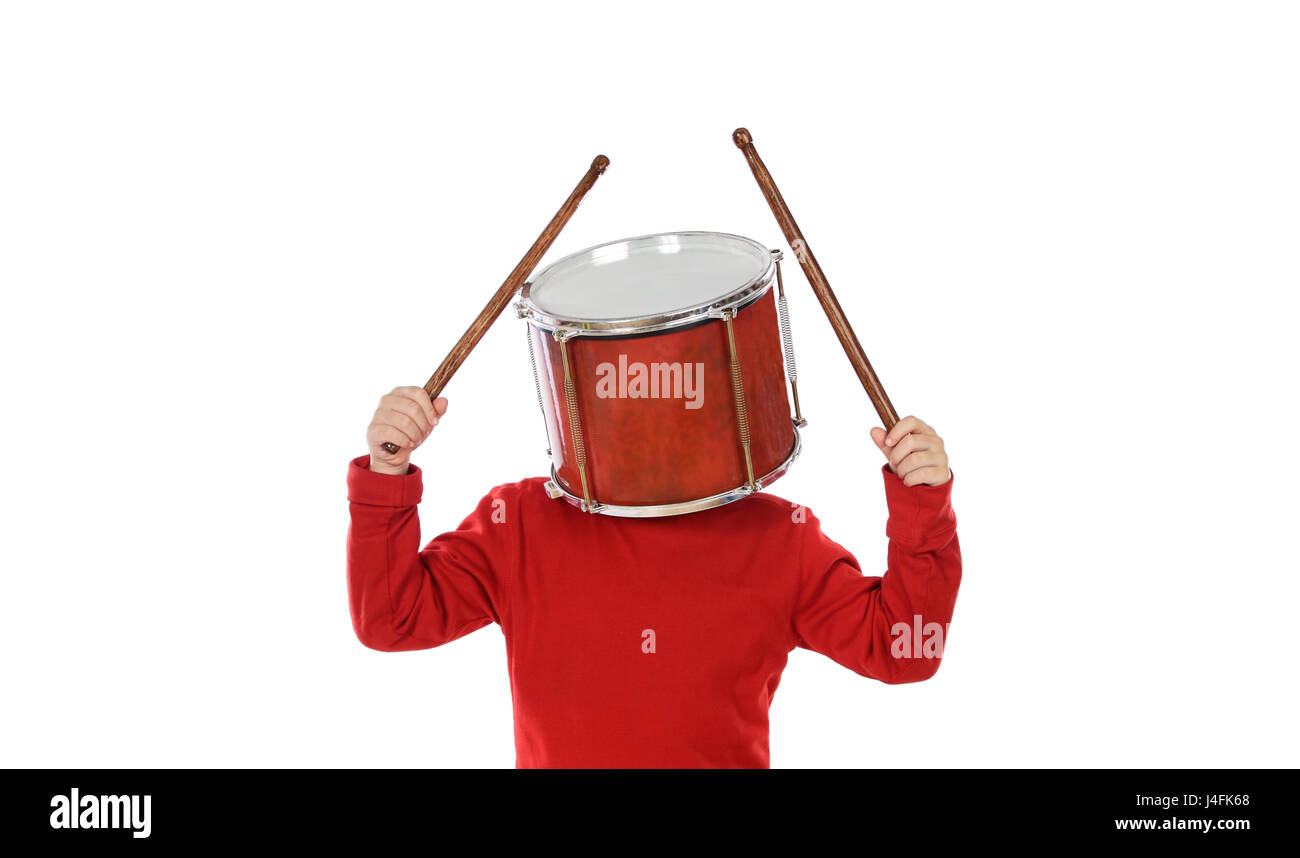 Child with a drum on the head isolated over white background Stock