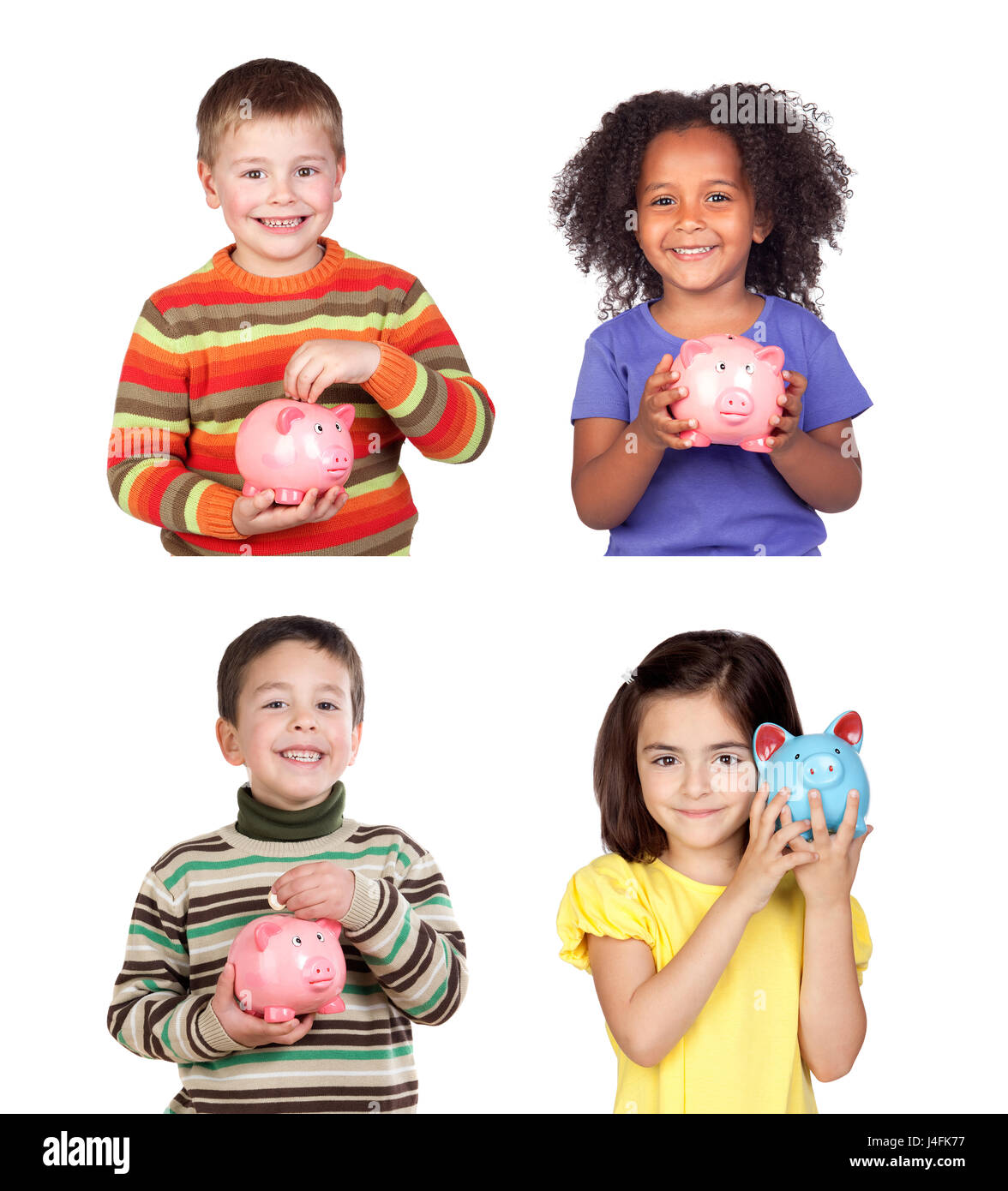 Children saving with their piggy bank isolated on a white background ...