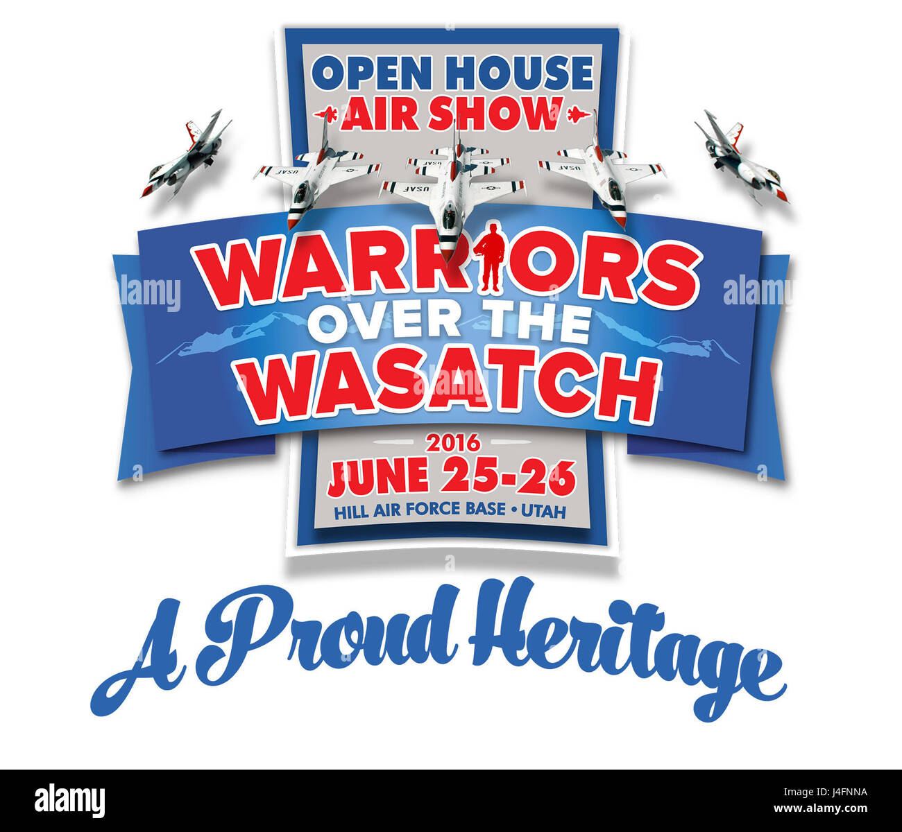 The 2016 Hill Air Force Base Warriors Over the Wasatch open house and air show, to be held June 25-26, 2016, was to play host to 600,000 visitors. A wide reaching marketing plan was developed to advertise this huge event and air show logo was designed, branding all the print (newspaper, magazine, flyers posters), social media, television, public transportation (UTA buses and trains) and billboard advertising. The two-day show included precision flying acts like the U.S. Air Force Thunderbirds, the U.S. Army Golden Knights, Breitling Jet Team and other spectacular civilian aerial performers and Stock Photo