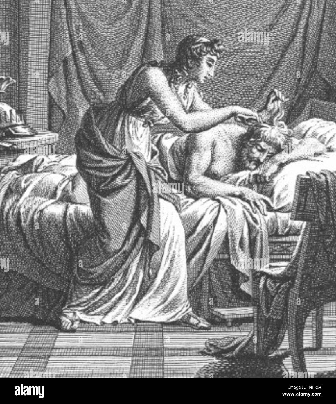 This is a detailed depiction of Skylla and Nisos, featuring a scene from Greek mythology, focusing on the legendary figures of Skylla and Nisos in their mythological narrative. Stock Photo
