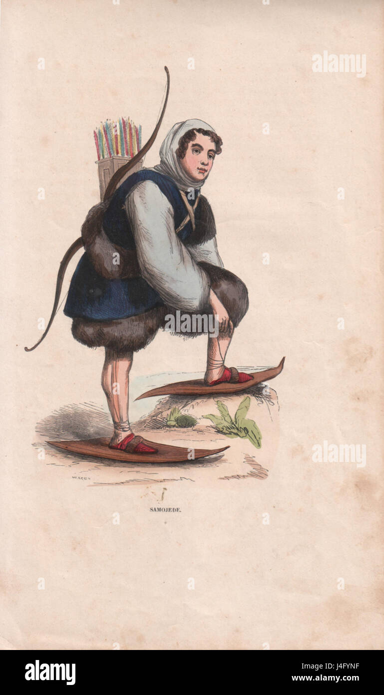 The Samojede is a breed of dog known for its distinct white fur and playful, friendly demeanor. It was originally used by the Samoyedic people in Siberia for herding reindeer and pulling sleds. Stock Photo