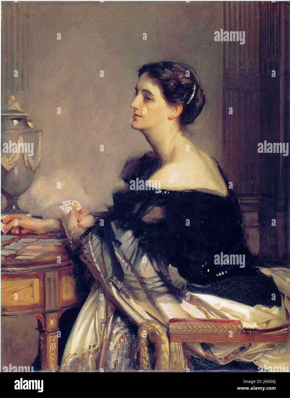 This portrait by John Singer Sargent features Lady Eden, a prominent socialite, captured in an elegant pose with exquisite detailing. Sargent's distinctive style emphasizes the subject's grace and poise, typical of his portrait work. Stock Photo