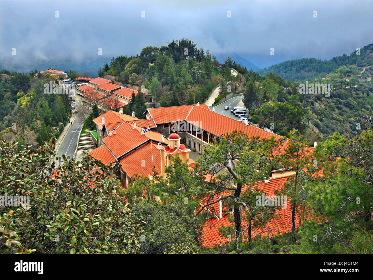 Panoramic view of Kykkos monastery, the most important monastery of Cyprus, on Troodos mountain. Stock Photo