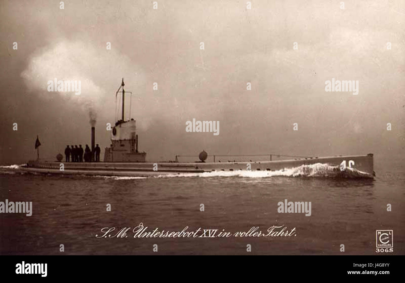 SM U 16 800px is an image of a U-boat from the World War II era, specifically German U-boat U-16, part of the naval fleet during the war. Stock Photo