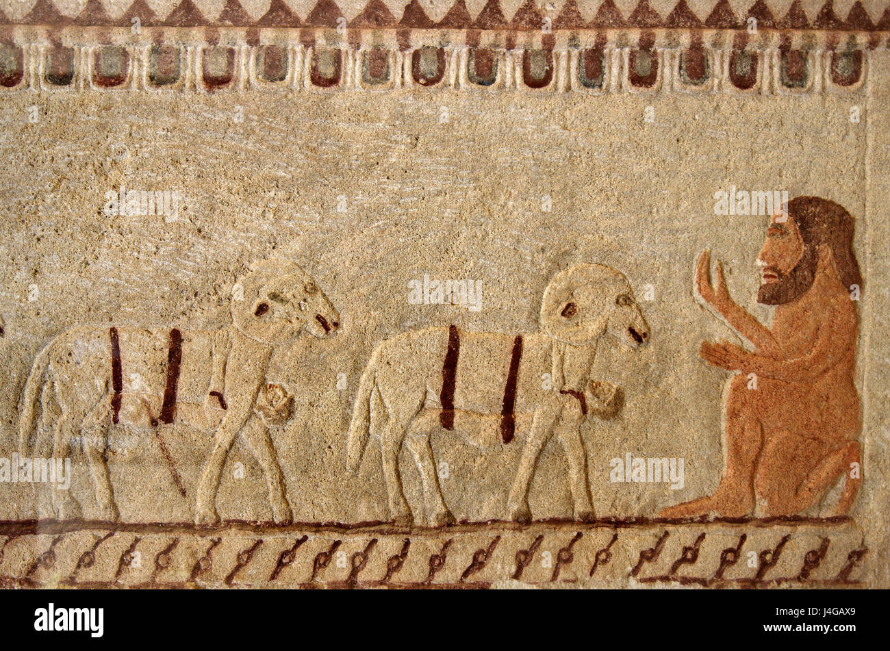 Homeric scene with Cyclops Polyphemos (original colors) in the museum of the archaeological site of Palaipaphos, Kouklia village, Cyprus. Stock Photo