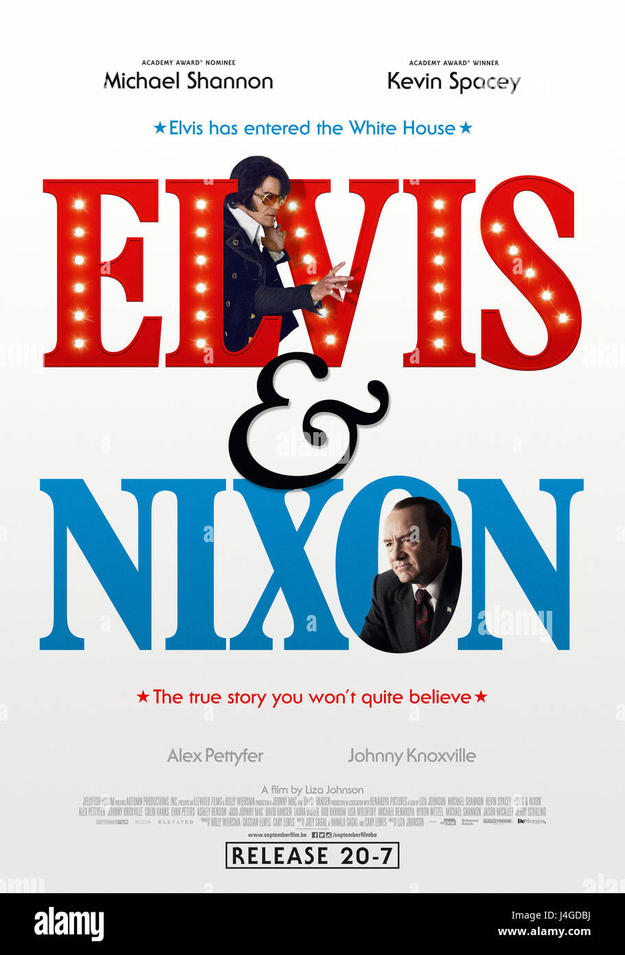 RELEASE DATE: April 23, 2016 TITLE: Elvis & Nixon STUDIO: Amazon Studios DIRECTOR: Liza Johnson PLOT: The untold true story behind the meeting between Elvis Presley, the King of Rock 'n Roll, and President Richard Nixon, resulting in this revealing, yet humorous moment immortalized in the most requested photograph in the National Archives. STARRING: Michael Shannon, Kevin Spacey, Alex Pettyfer. (Credit: © Amazon Studios /Entertainment Pictures) Stock Photo