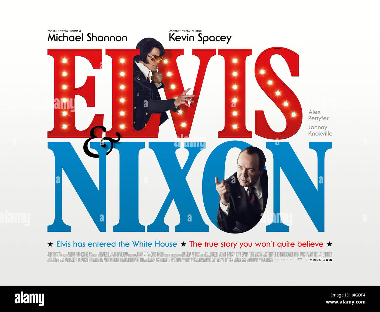 RELEASE DATE: April 23, 2016 TITLE: Elvis & Nixon STUDIO: Amazon Studios DIRECTOR: Liza Johnson PLOT: The untold true story behind the meeting between Elvis Presley, the King of Rock 'n Roll, and President Richard Nixon, resulting in this revealing, yet humorous moment immortalized in the most requested photograph in the National Archives. STARRING: Michael Shannon, Kevin Spacey, Alex Pettyfer. (Credit: © Amazon Studios /Entertainment Pictures) Stock Photo