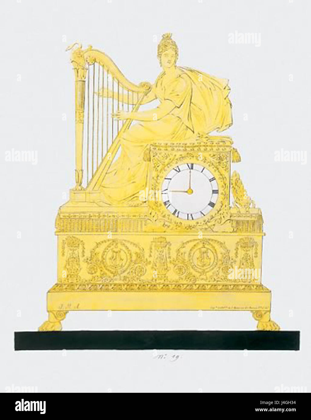 Sketch of a French Empire style clock. The Muse Terpsichore Stock Photo