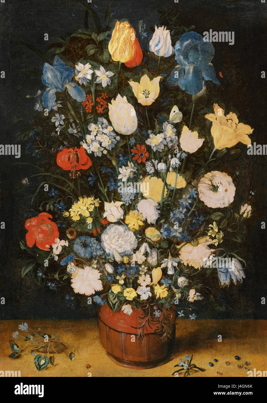 This still life painting showcases a collection of vibrant flowers ...
