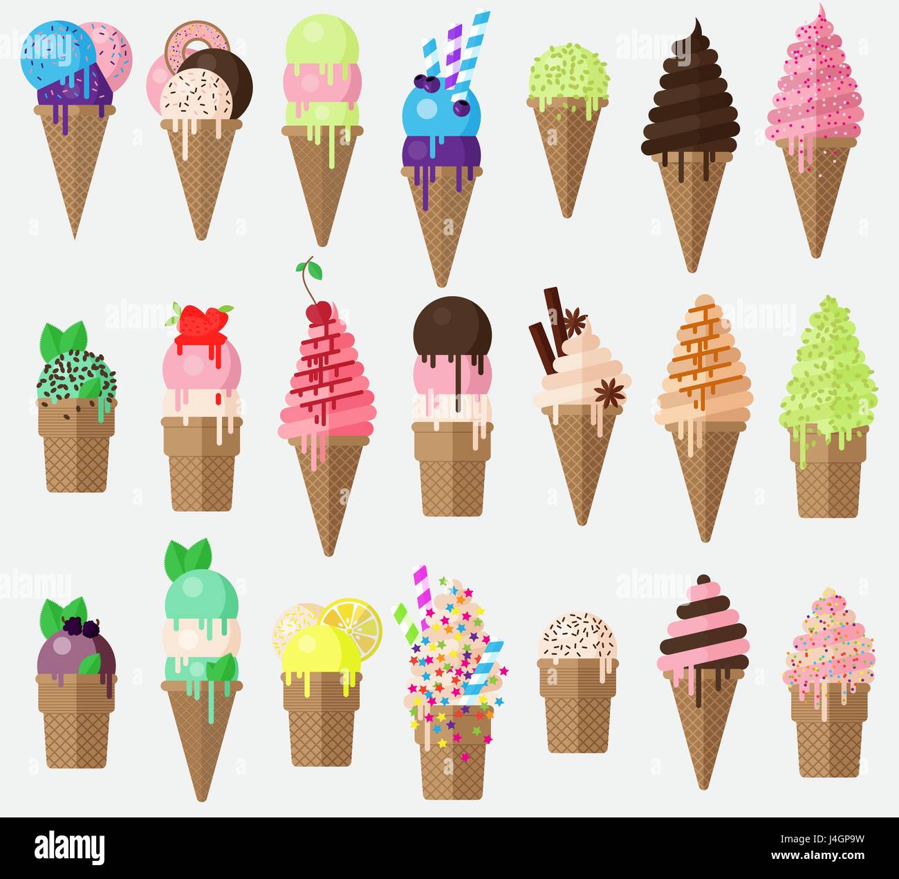 Set of flat vector ice cream cone with sweets. Collection ice cream cones with blueberry, caramel, lemon sundae. Stock Vector