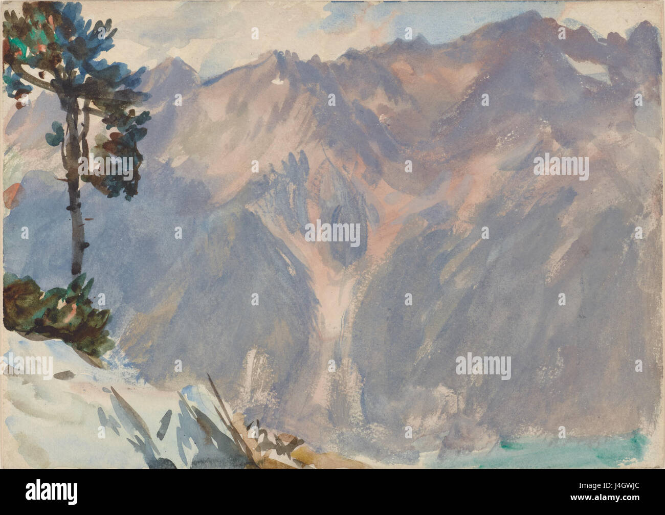 'Tyrol, 1914' is a painting by John Singer Sargent, created in 1914. It depicts the serene landscape of Tyrol, a region in the Alps, showcasing Sargent's mastery of light and texture. The painting is noted for its representation of the natural beauty of the Tyrol region, reflecting both the peaceful atmosphere of the time and the artist's refined technique. Stock Photo