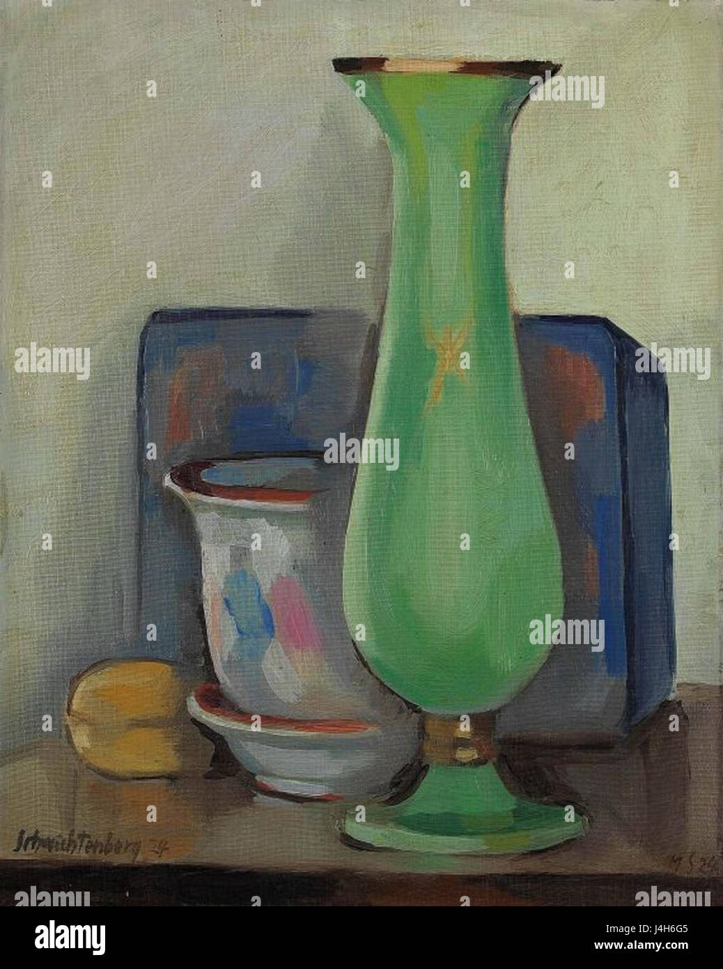 This still life painting featuring a green vase captures the quiet ...