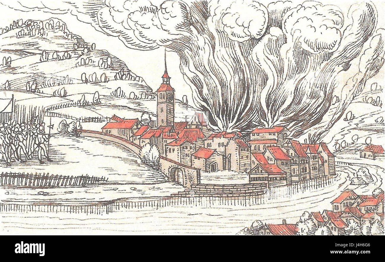 Silberysen Baden Brand 14448 refers to an incident or event related to the town of Baden in Switzerland. It may be linked to a historical fire or significant event, documented through records or archives. Stock Photo