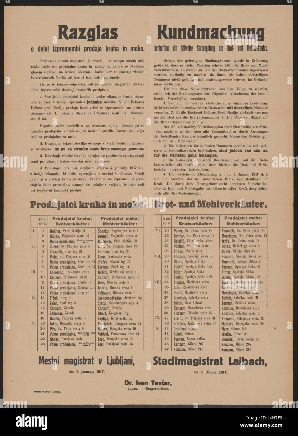 Teilweise Nachregelung des Brot  und Mehlverkaufes   Kundmachung   Laibach   Mehrsprachiges Plakat 1917 Stock Photo