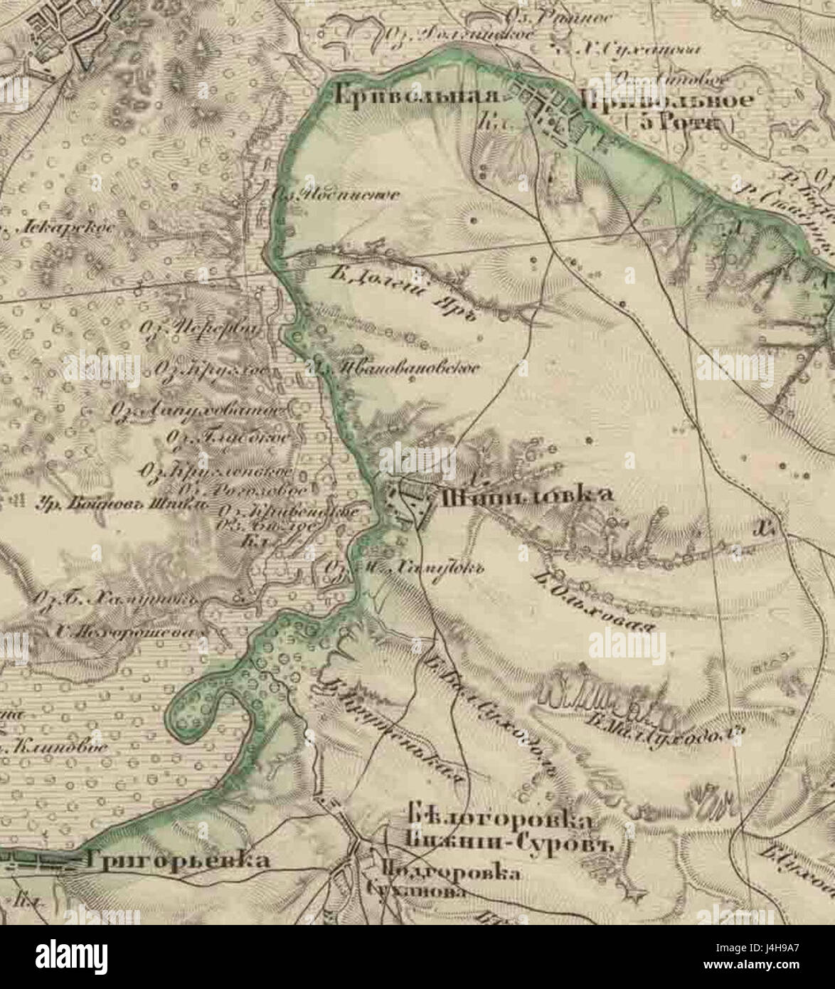 Map depicting the German land ownership in Kherson Governorate, Russia, from 1890, illustrating the distribution of land among German colonists in the region. Stock Photo