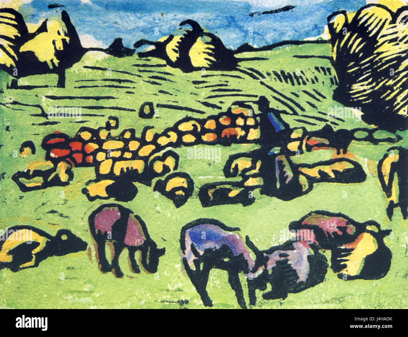 The 1921 painting 'Schafe' by Stroeher depicts a pastoral scene with ...