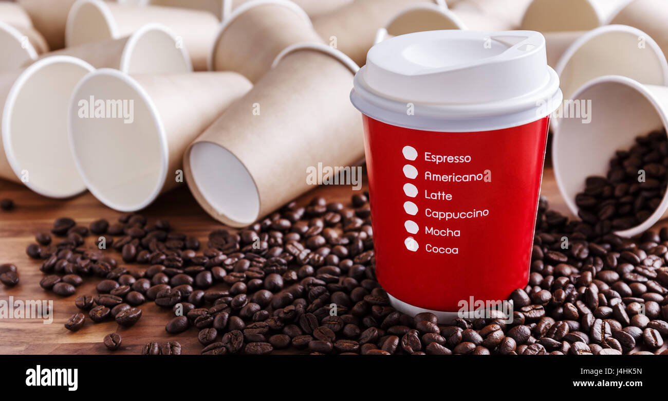 Red paper coffee cup with coffee beans and brown paper cups background Stock Photo Alamy