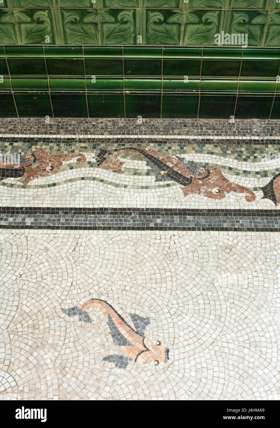 Detail of mosaic work. Victoria Baths, Manchester, United Kingdom. Architect: Henry Price, 1906. Stock Photo