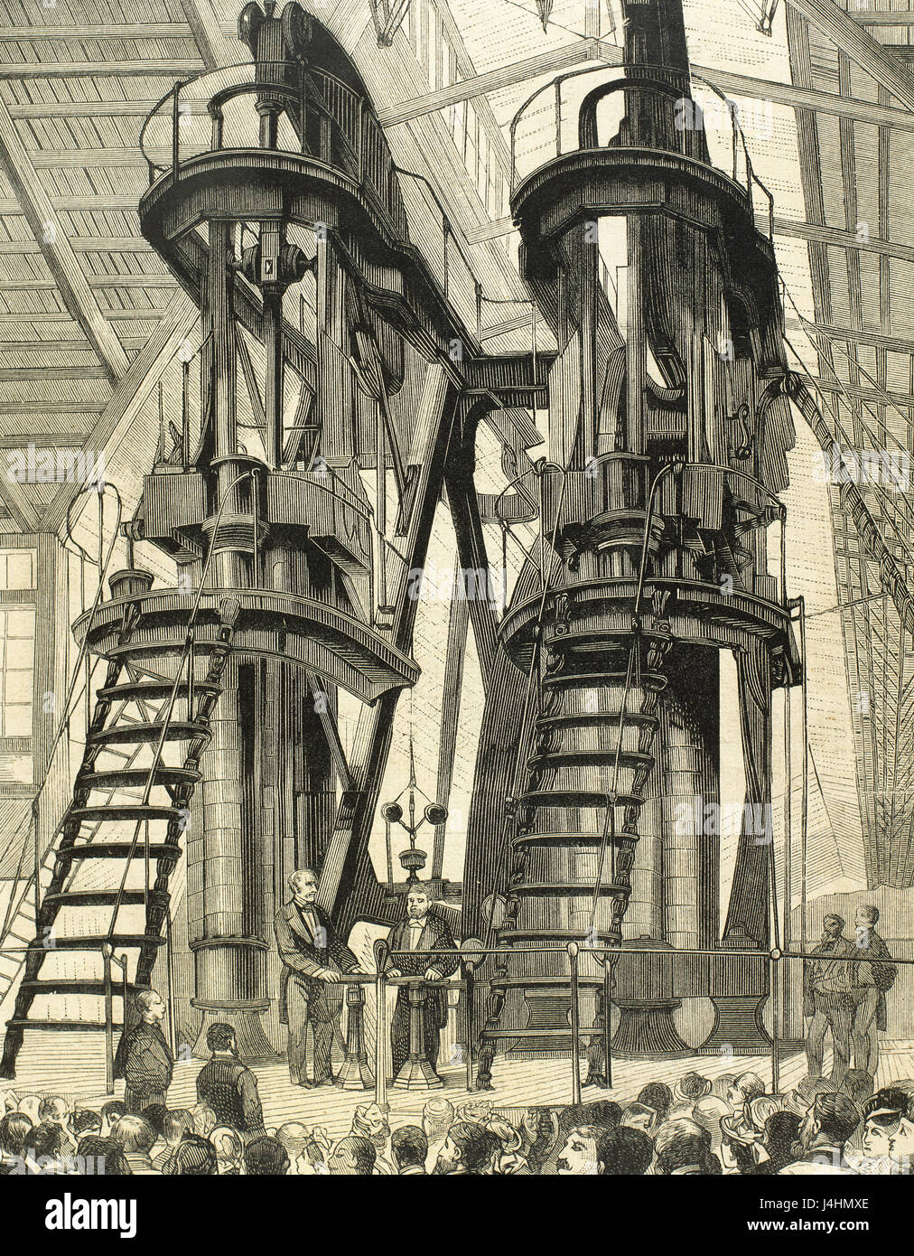 United States. Philadelphia. Centennial Exposition, 1876. U.S. Presdient Ulysses S. Grant (1822-1885) and the Emperor Pedro II of Brazil (1825-1891) switch on the Corliss Centennial Engine. Engraving. Stock Photo