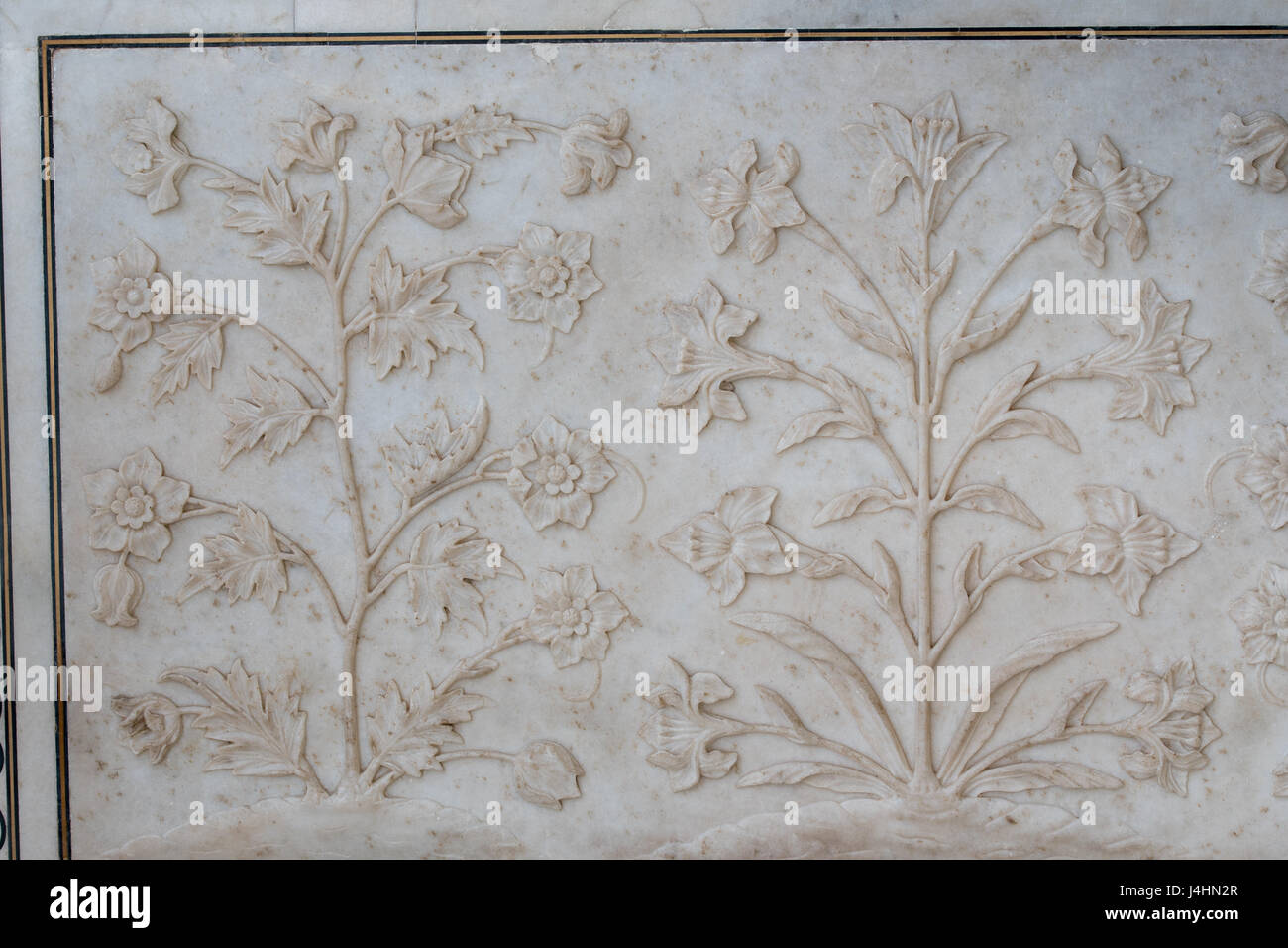 Delicate floral relief sculptures on the ivory marble walls of the Taj
