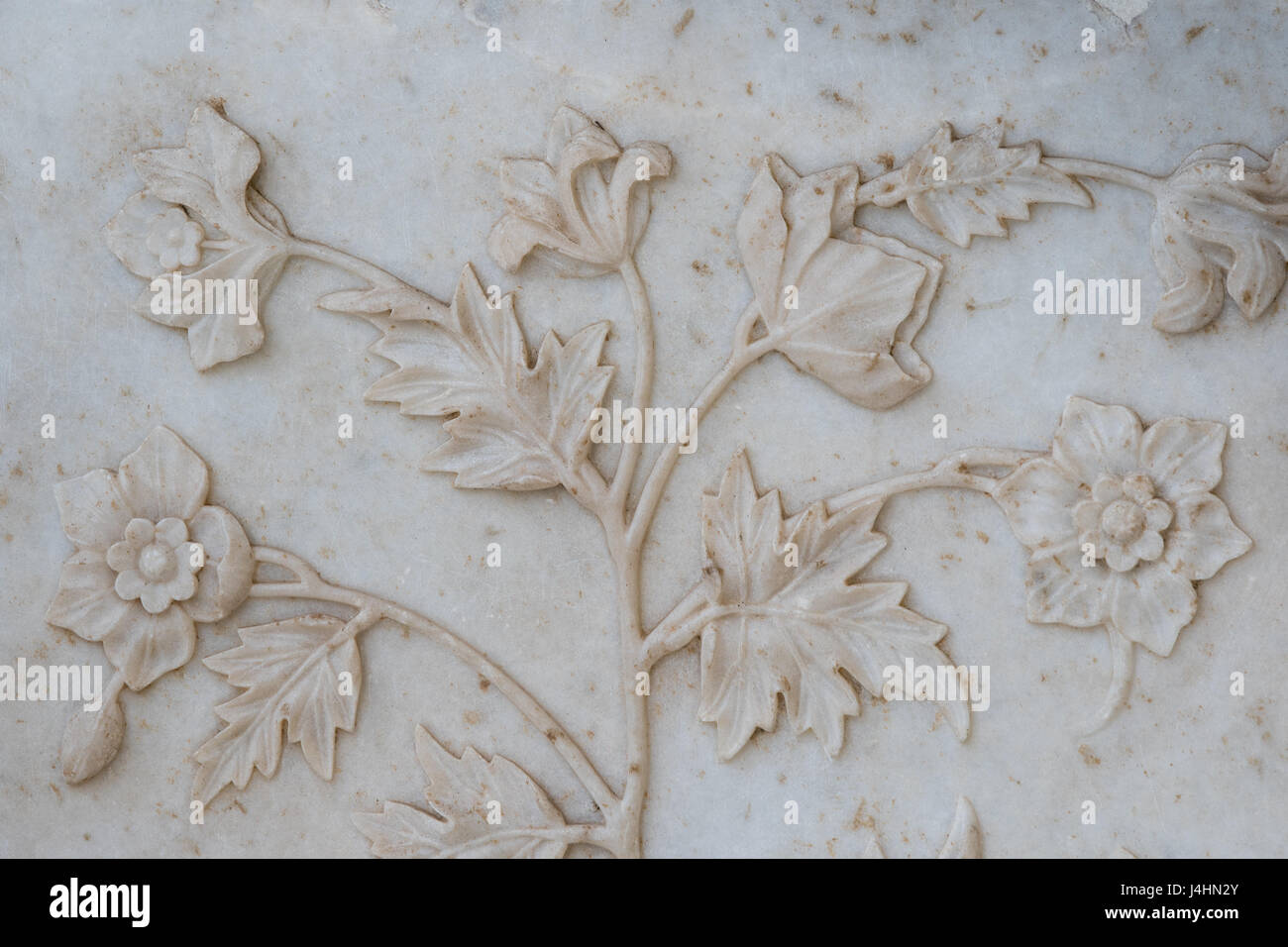 Delicate floral relief sculptures on the ivory marble walls of the Taj