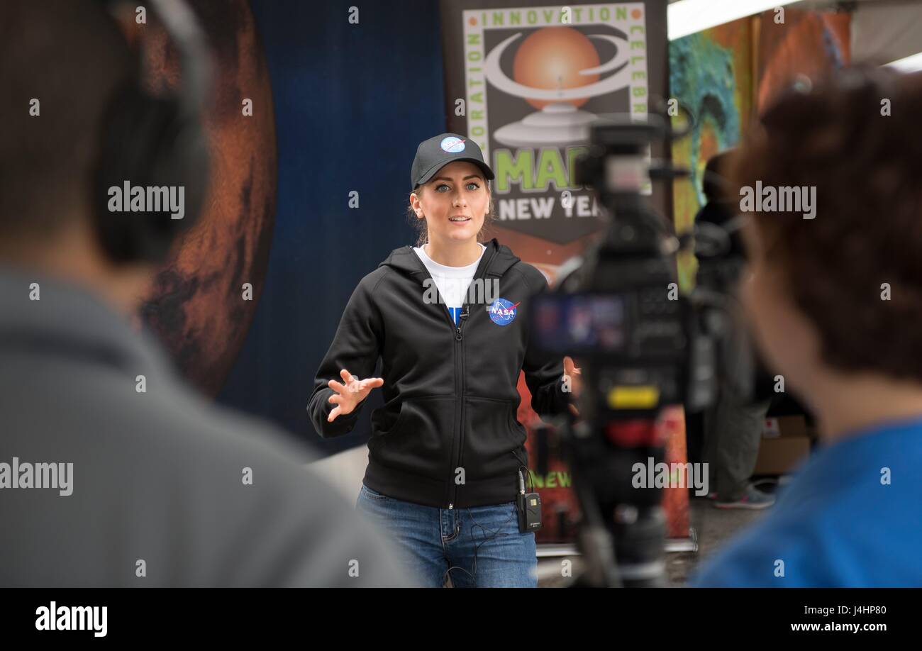 NASA Jet Propulsion Laboratory Materials and Process Engineer Katie Beckwith is interviewed during the Mars New Year STEM celebration at her alma mater, Mars High School May 5, 2017 in Mars, Pennsylvania.     (photo by Bill Ingalls/NASA via Planetpix) Stock Photo