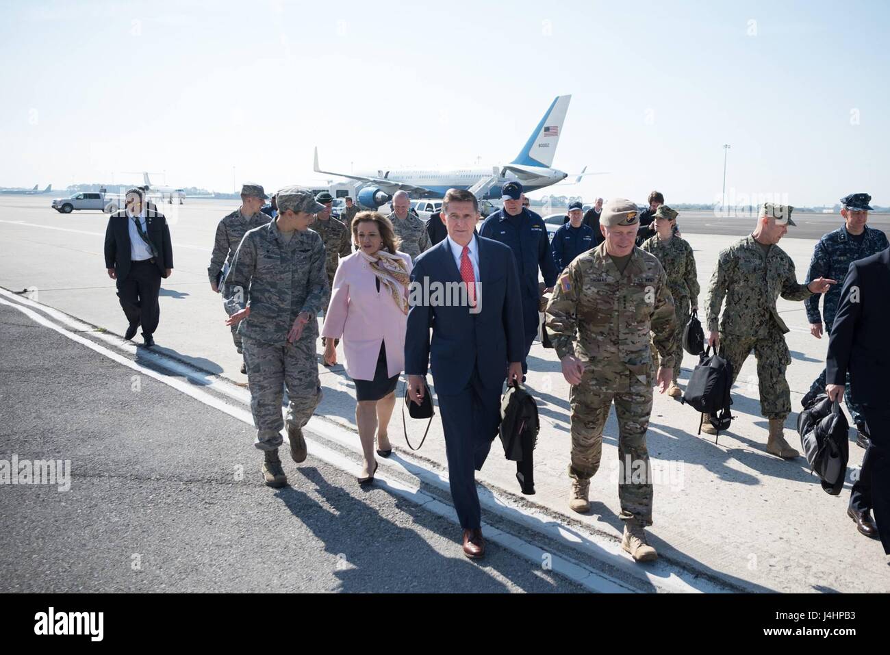 U.S. National Security Advisor Michael Flynn and U.S. Special Operations Command Commander Raymond “Tony” Thomas arrive at the MacDill Air Force Base February 6, 2017 in Tampa, Florida.     (photo by Myles Cullen/DoD via Planetpix) Stock Photo